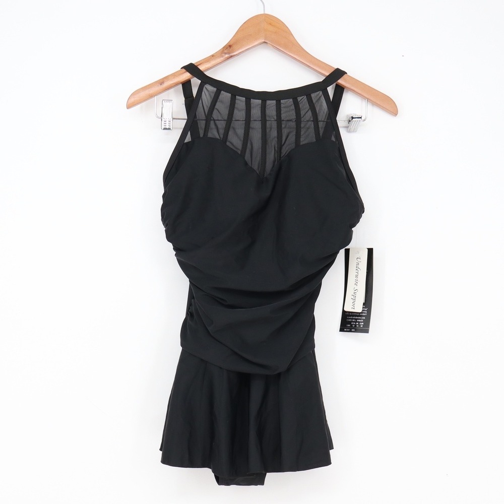 Shore Shapes Swim Dress Women's 12 Black Mesh Underwire Support New